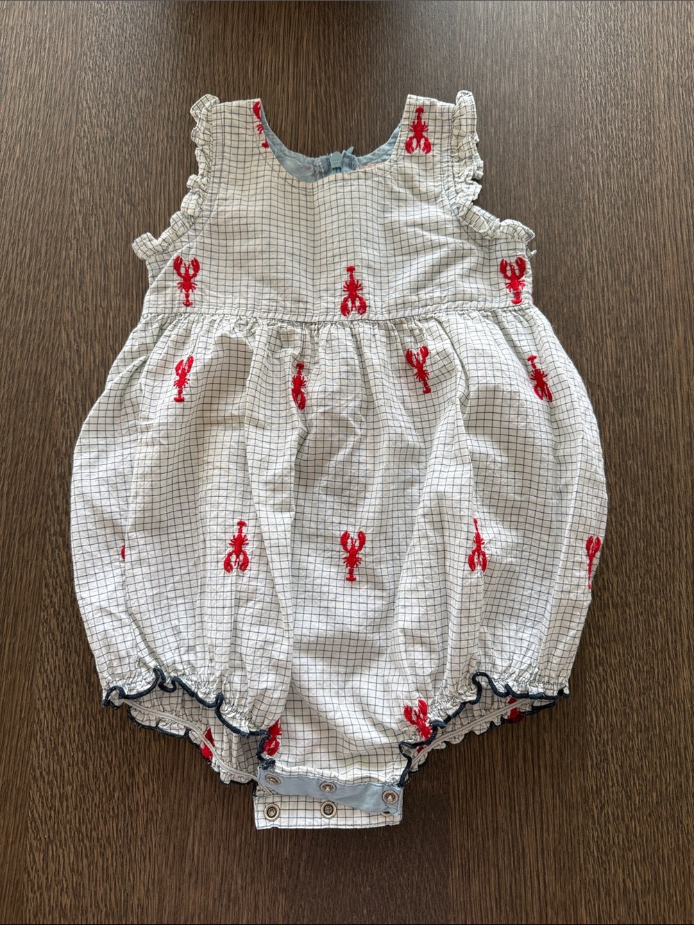 Pink Chicken White Check Romper with Red Lobster Embroidery